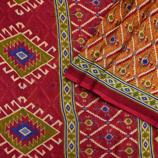 Indian Vintage Red & Mustard Saree Printed 100% Pure Cotton Sari Craft Fabric 5Yd Soft Sewing Sarong Wrap Dress Making Quilting Crafting