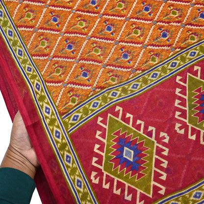 Indian Vintage Red & Mustard Saree Printed 100% Pure Cotton Sari Craft Fabric 5Yd Soft Sewing Sarong Wrap Dress Making Quilting Crafting