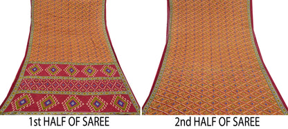 Indian Vintage Red & Mustard Saree Printed 100% Pure Cotton Sari Craft Fabric 5Yd Soft Sewing Sarong Wrap Dress Making Quilting Crafting
