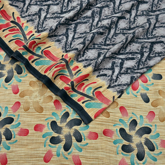 Indian Vintage Sari Gray & Black Printed 100% Pure Cotton Sarees Craft Fabric 5Yd Sewing Sarong Wrap Boho Floral Dress Making Crafting Soft