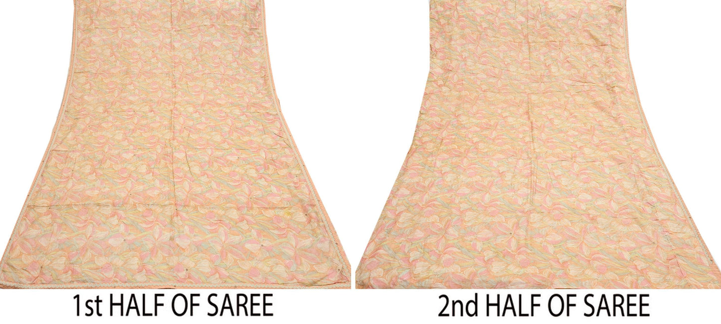 Indian Vintage Sari Peach & beige Pure Silk Hand Embroidered Sarees 5Yd Craft Fabric Sewing soft Quilting Crafting Ethnic Bollywood sarees