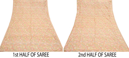 Indian Vintage Sari Peach & beige Pure Silk Hand Embroidered Sarees 5Yd Craft Fabric Sewing soft Quilting Crafting Ethnic Bollywood sarees