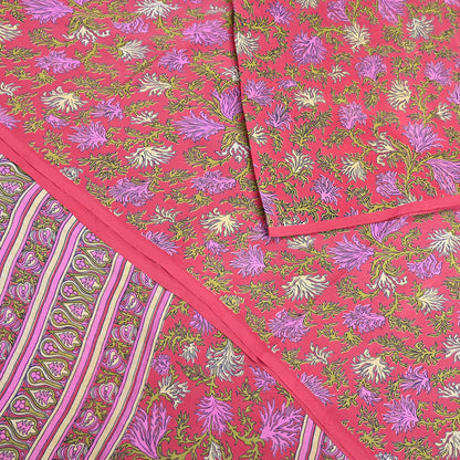 Indian Vintage Sari Pink Pure Crepe Silk Printed Saree 5yard Sewing Quilting Floral Soft Craft Fabric Wrap