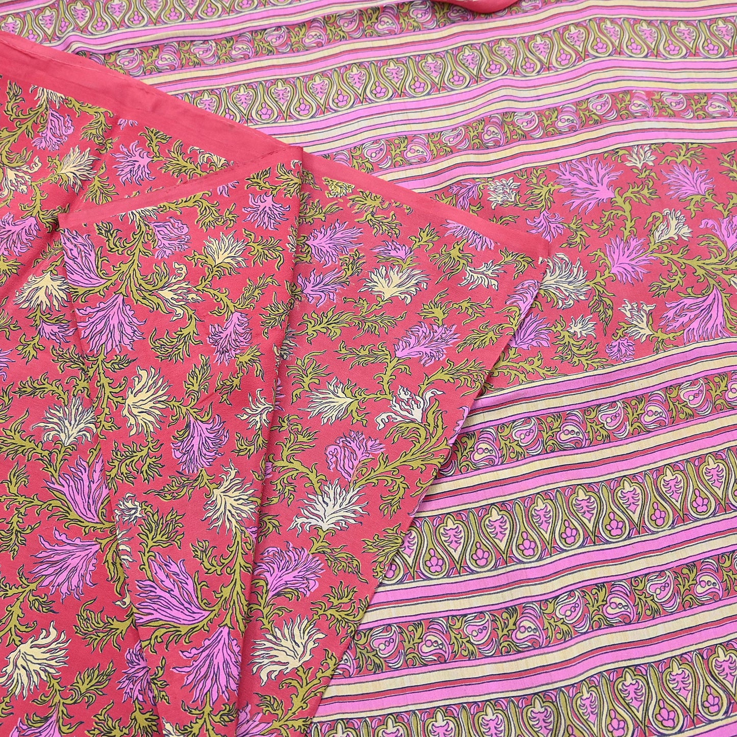 Indian Vintage Sari Pink Pure Crepe Silk Printed Saree 5yard Sewing Quilting Floral Soft Craft Fabric Wrap