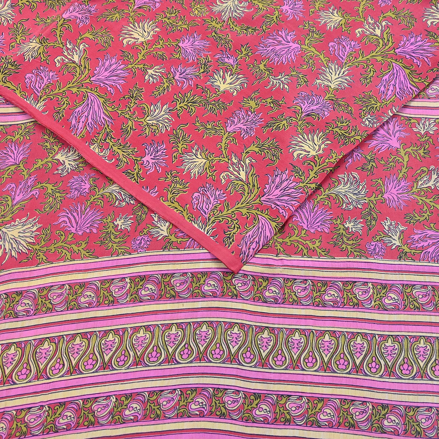 Indian Vintage Sari Pink Pure Crepe Silk Printed Saree 5yard Sewing Quilting Floral Soft Craft Fabric Wrap