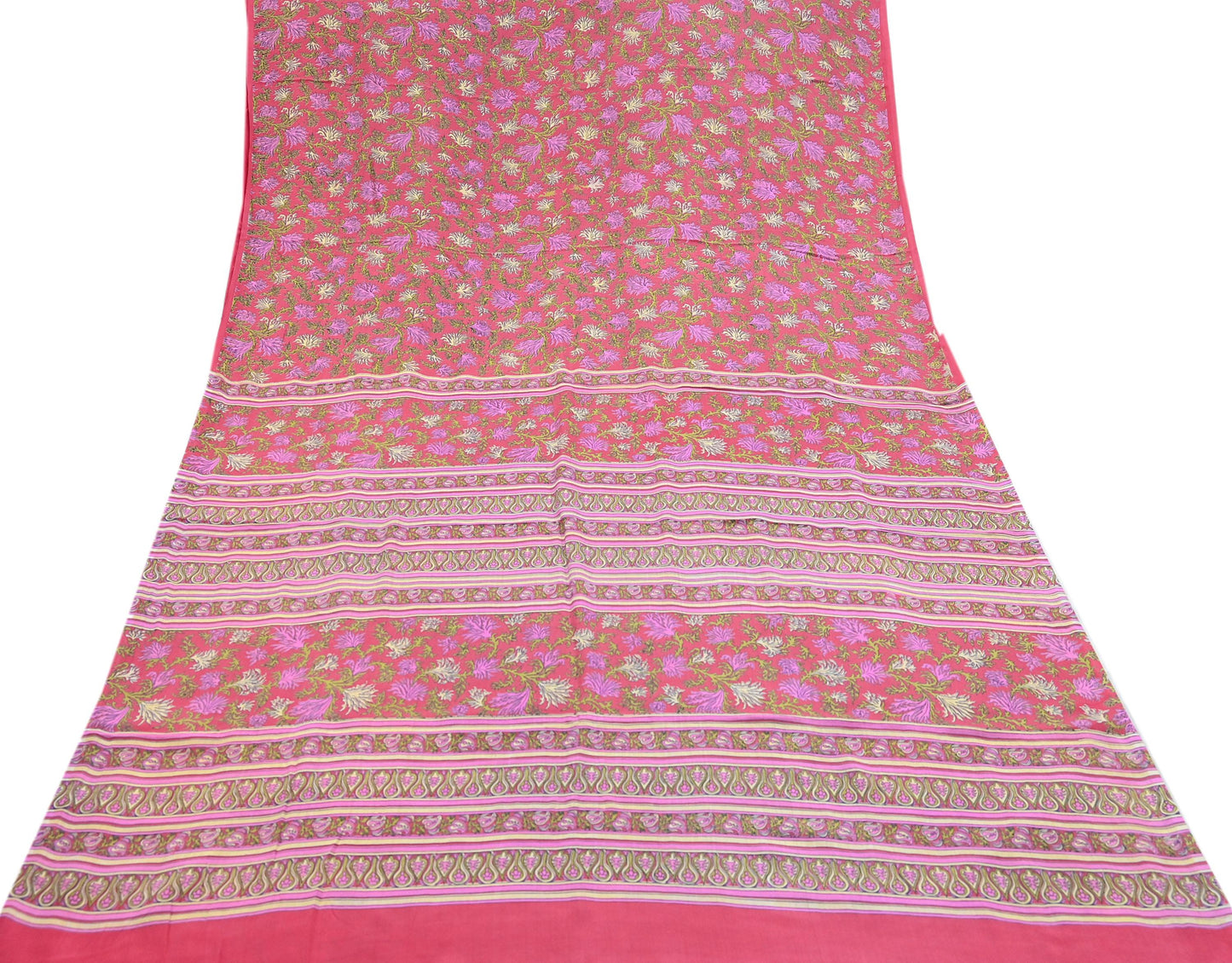 Indian Vintage Sari Pink Pure Crepe Silk Printed Saree 5yard Sewing Quilting Floral Soft Craft Fabric Wrap