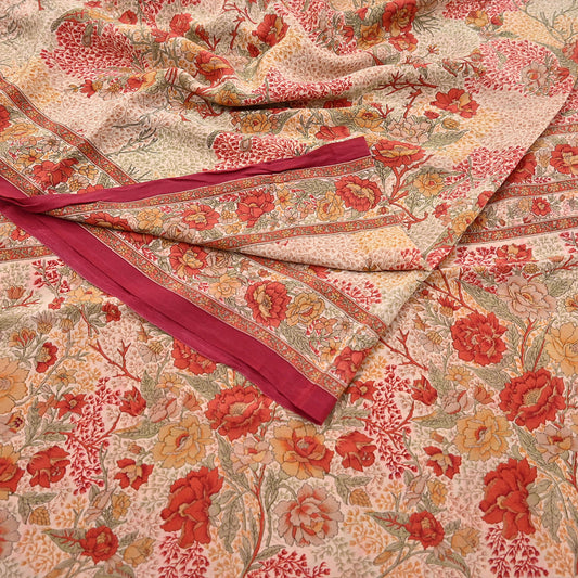 Indian Vintage Sari peach Pure Crepe Silk Printed Saree 5yard Sewing Quilting Floral Soft Craft Fabric Wrap