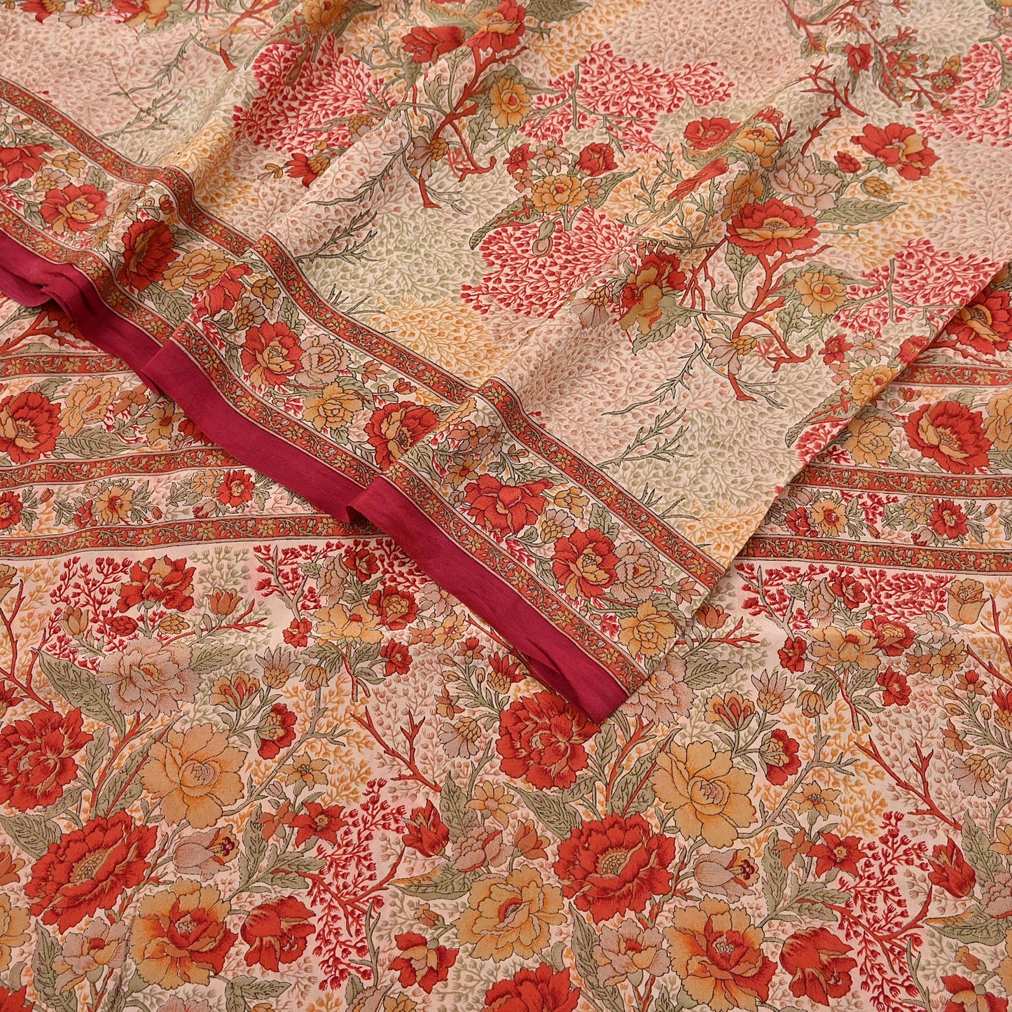 Indian Vintage Sari peach Pure Crepe Silk Printed Saree 5yard Sewing Quilting Floral Soft Craft Fabric Wrap
