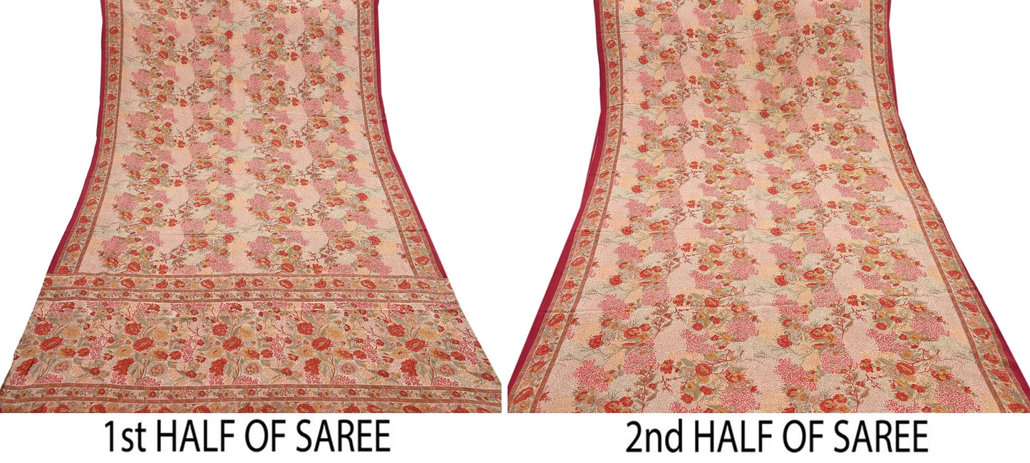 Indian Vintage Sari peach Pure Crepe Silk Printed Saree 5yard Sewing Quilting Floral Soft Craft Fabric Wrap