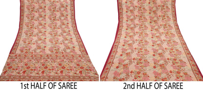 Indian Vintage Sari peach Pure Crepe Silk Printed Saree 5yard Sewing Quilting Floral Soft Craft Fabric Wrap