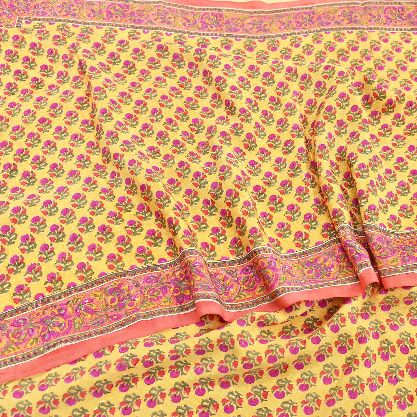 Indian Vintage Sari Yellow & Paech Pure Crepe Silk Printed Saree 5yard Sewing Quilting Floral Soft Craft Fabric Wrap