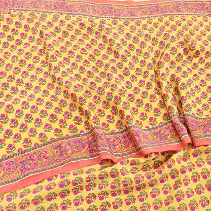 Indian Vintage Sari Yellow & Paech Pure Crepe Silk Printed Saree 5yard Sewing Quilting Floral Soft Craft Fabric Wrap