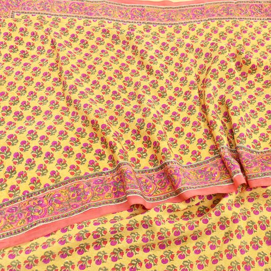 Indian Vintage Sari Yellow & Paech Pure Crepe Silk Printed Saree 5yard Sewing Quilting Floral Soft Craft Fabric Wrap