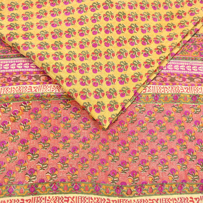 Indian Vintage Sari Yellow & Paech Pure Crepe Silk Printed Saree 5yard Sewing Quilting Floral Soft Craft Fabric Wrap