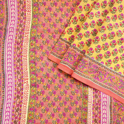 Indian Vintage Sari Yellow & Paech Pure Crepe Silk Printed Saree 5yard Sewing Quilting Floral Soft Craft Fabric Wrap