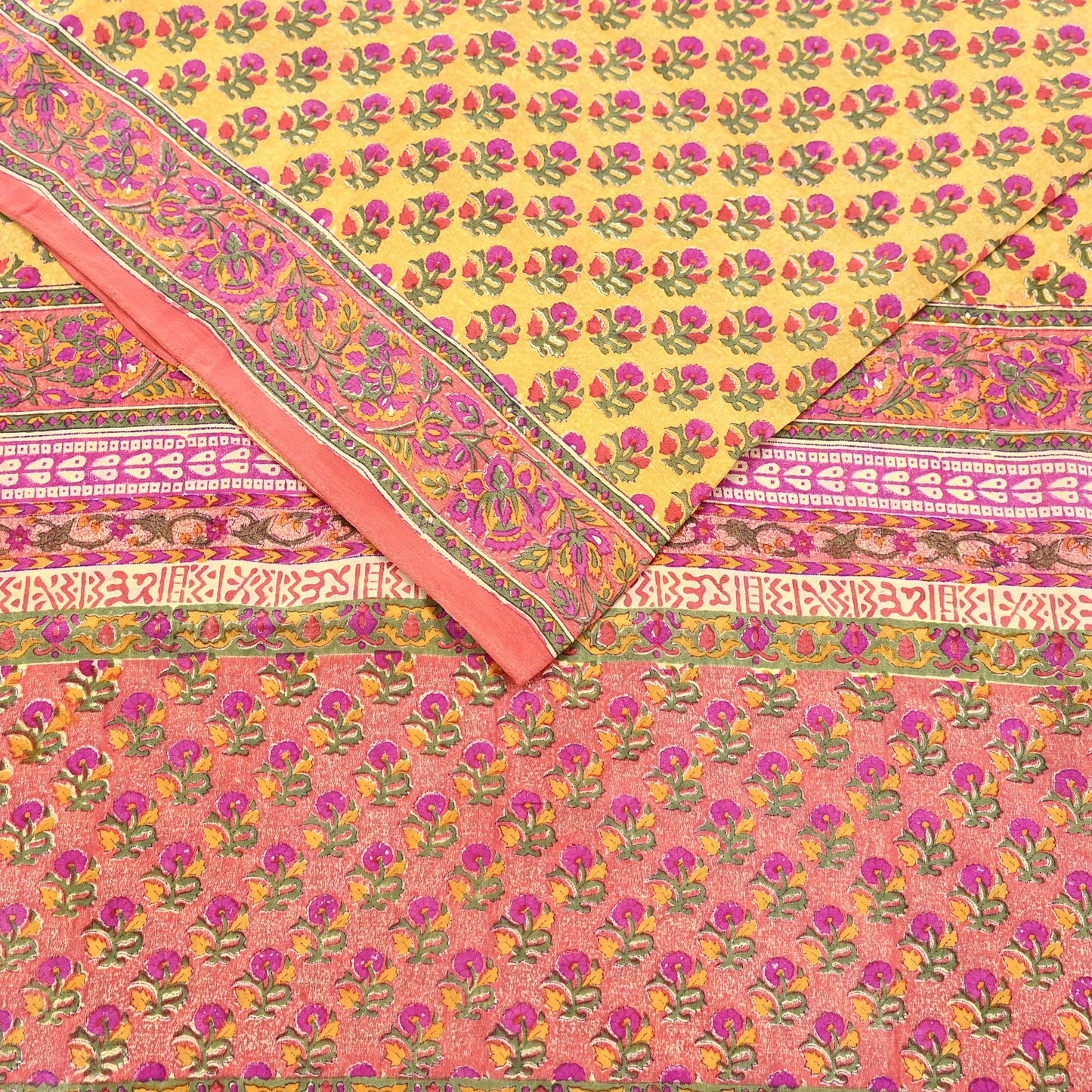 Indian Vintage Sari Yellow & Paech Pure Crepe Silk Printed Saree 5yard Sewing Quilting Floral Soft Craft Fabric Wrap