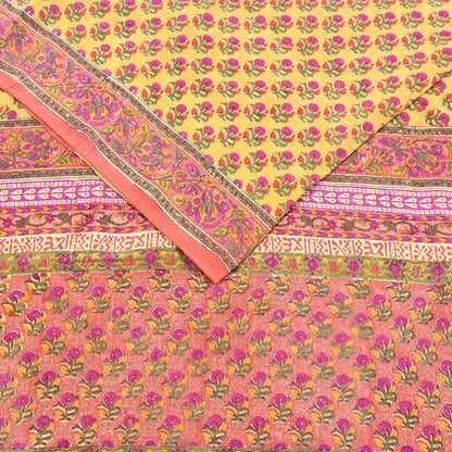 Indian Vintage Sari Yellow & Paech Pure Crepe Silk Printed Saree 5yard Sewing Quilting Floral Soft Craft Fabric Wrap