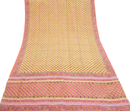 Indian Vintage Sari Yellow & Paech Pure Crepe Silk Printed Saree 5yard Sewing Quilting Floral Soft Craft Fabric Wrap