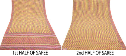 Indian Vintage Sari Yellow & Paech Pure Crepe Silk Printed Saree 5yard Sewing Quilting Floral Soft Craft Fabric Wrap