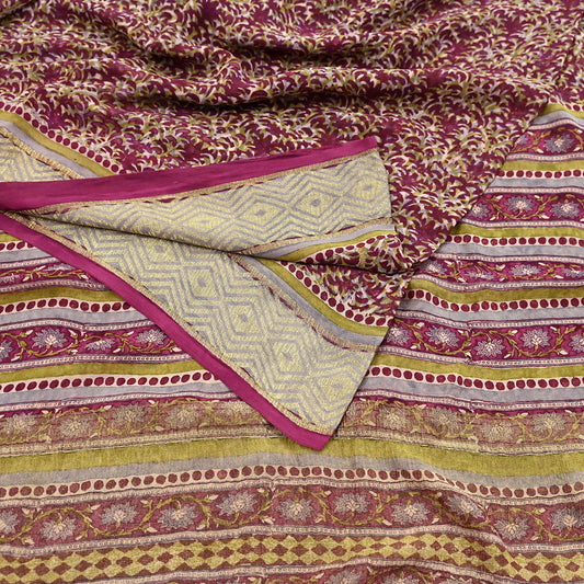 Indian Vintage Sari Maroon & green 100% Pure Georgette Silk Printed Sarees Sewing 5yd Craft Soft Dress Designing for Crafting Floral