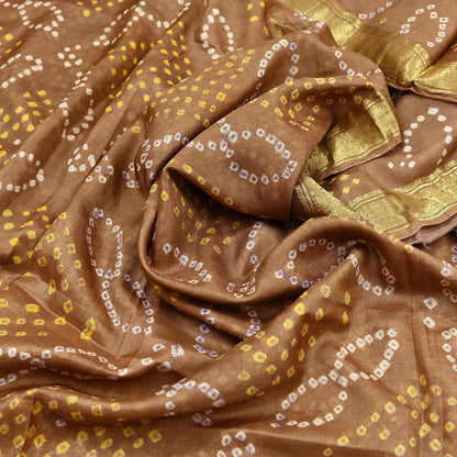 Indian Vintage Sari Beige Pure Silk Bandhani Printed Sarees Fabric 5yd Floral Sewing Traditional Culture Sari Ethnic Fabric Zari