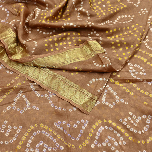 Indian Vintage Sari Beige Pure Silk Bandhani Printed Sarees Fabric 5yd Floral Sewing Traditional Culture Sari Ethnic Fabric Zari