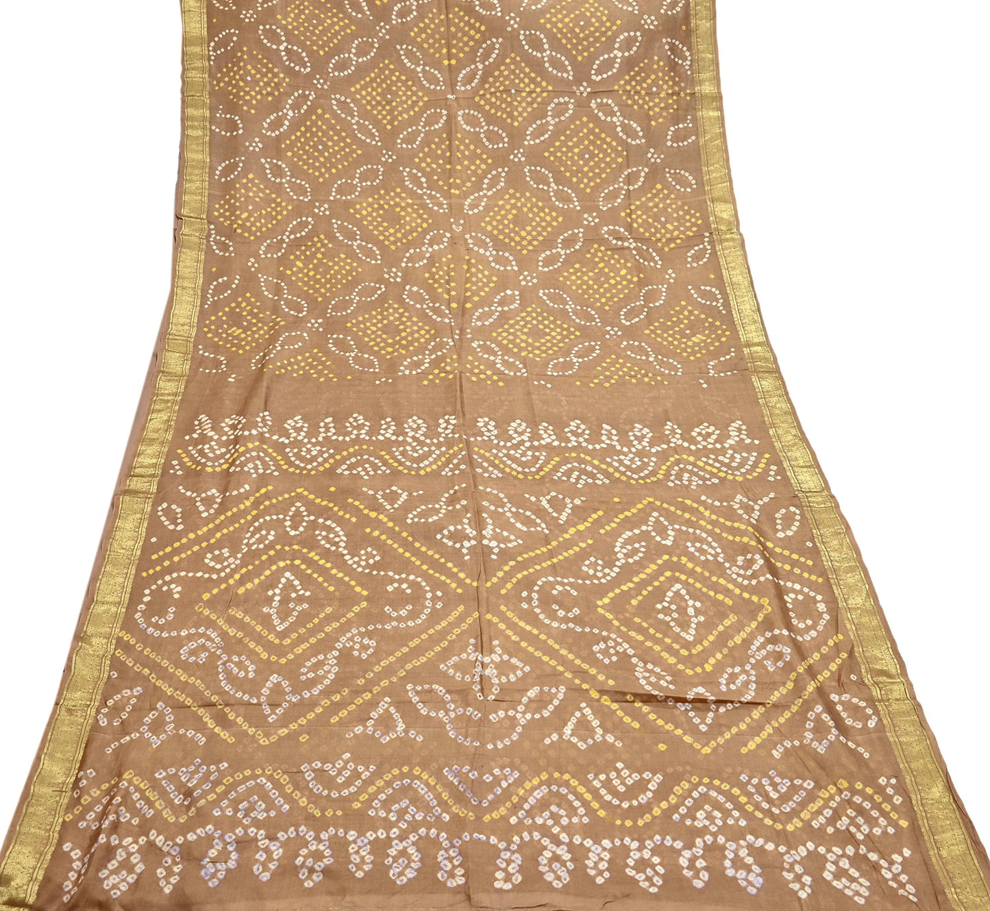 Indian Vintage Sari Beige Pure Silk Bandhani Printed Sarees Fabric 5yd Floral Sewing Traditional Culture Sari Ethnic Fabric Zari