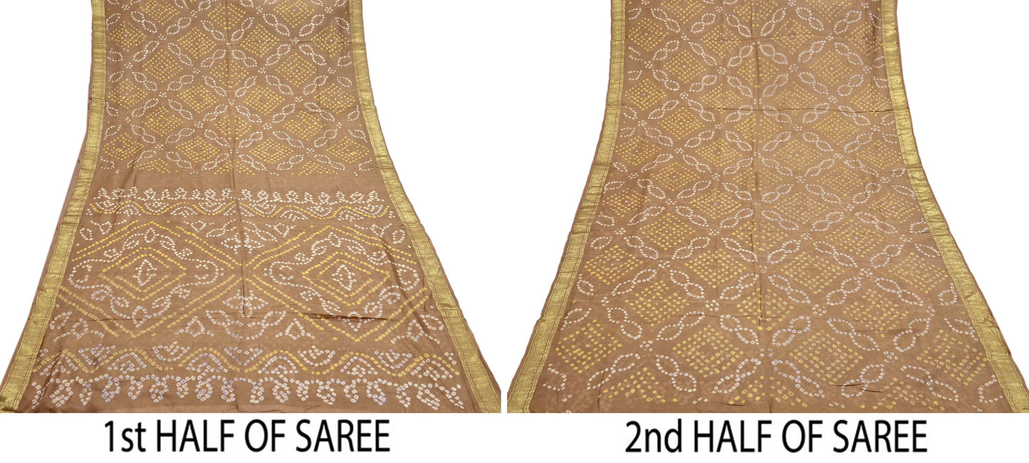 Indian Vintage Sari Beige Pure Silk Bandhani Printed Sarees Fabric 5yd Floral Sewing Traditional Culture Sari Ethnic Fabric Zari