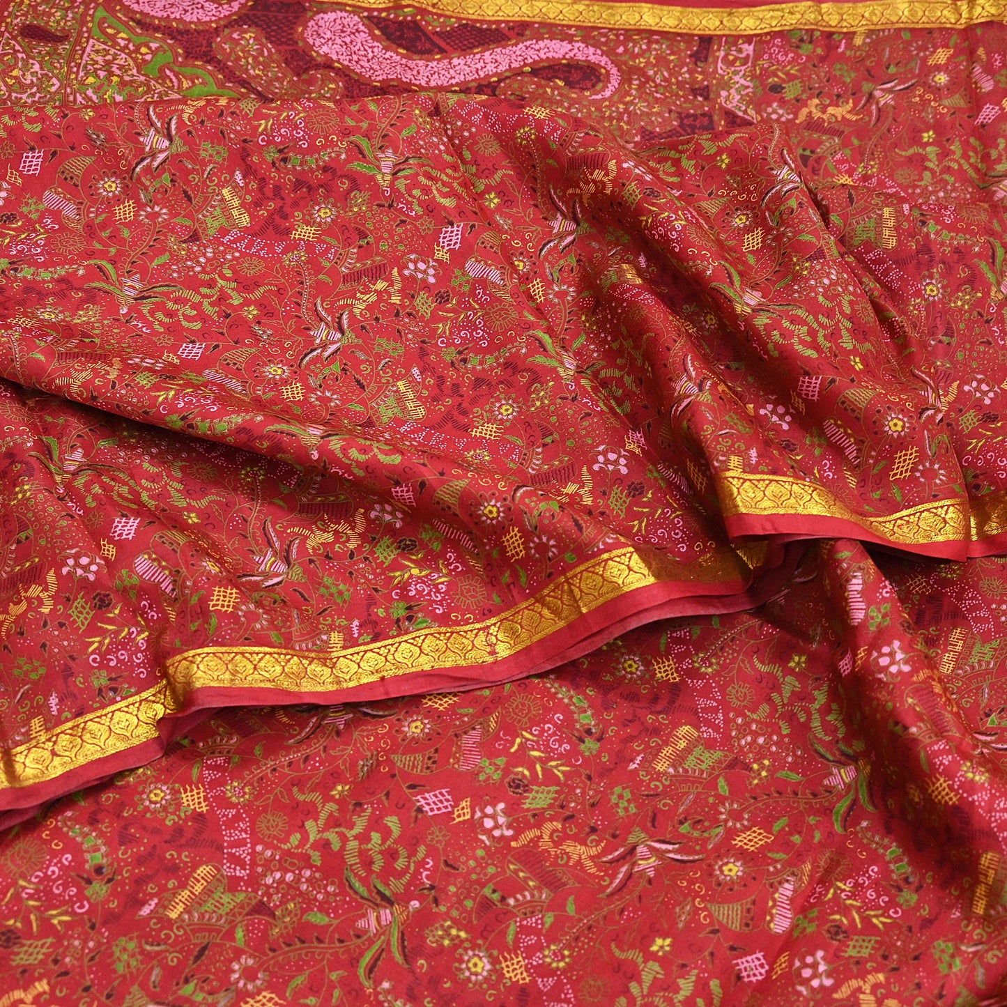 Indian Vintage Sari Red Printed Pure Silk Sarees 6yd Sewing Craft Fabric Soft Dress Making Upcycle Crafting Quilting Used Zari