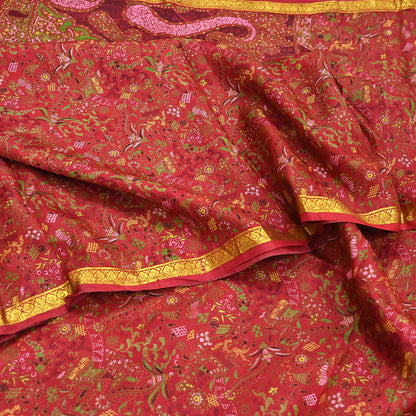 Indian Vintage Sari Red Printed Pure Silk Sarees 6yd Sewing Craft Fabric Soft Dress Making Upcycle Crafting Quilting Used Zari