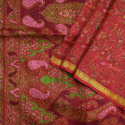 Indian Vintage Sari Red Printed Pure Silk Sarees 6yd Sewing Craft Fabric Soft Dress Making Upcycle Crafting Quilting Used Zari