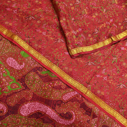 Indian Vintage Sari Red Printed Pure Silk Sarees 6yd Sewing Craft Fabric Soft Dress Making Upcycle Crafting Quilting Used Zari