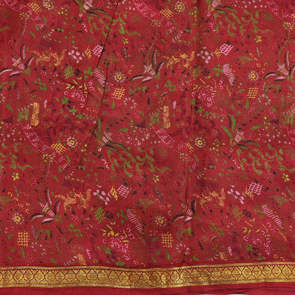 Indian Vintage Sari Red Printed Pure Silk Sarees 6yd Sewing Craft Fabric Soft Dress Making Upcycle Crafting Quilting Used Zari