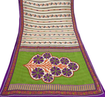 Indian Vintage Sari Ivory & Green Printed 100% Pure Cotton Sarees Craft Fabric 5Yd Sewing Sarong Wrap Boho Floral Dress Making Crafting Soft