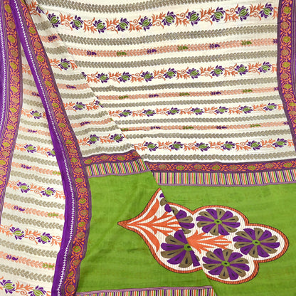 Indian Vintage Sari Ivory & Green Printed 100% Pure Cotton Sarees Craft Fabric 5Yd Sewing Sarong Wrap Boho Floral Dress Making Crafting Soft