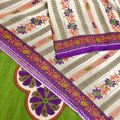 Indian Vintage Sari Ivory & Green Printed 100% Pure Cotton Sarees Craft Fabric 5Yd Sewing Sarong Wrap Boho Floral Dress Making Crafting Soft