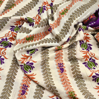 Indian Vintage Sari Ivory & Green Printed 100% Pure Cotton Sarees Craft Fabric 5Yd Sewing Sarong Wrap Boho Floral Dress Making Crafting Soft