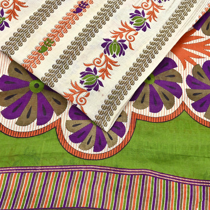 Indian Vintage Sari Ivory & Green Printed 100% Pure Cotton Sarees Craft Fabric 5Yd Sewing Sarong Wrap Boho Floral Dress Making Crafting Soft