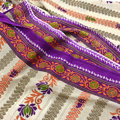 Indian Vintage Sari Ivory & Green Printed 100% Pure Cotton Sarees Craft Fabric 5Yd Sewing Sarong Wrap Boho Floral Dress Making Crafting Soft