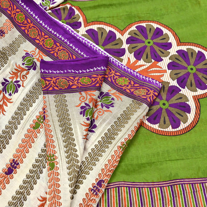 Indian Vintage Sari Ivory & Green Printed 100% Pure Cotton Sarees Craft Fabric 5Yd Sewing Sarong Wrap Boho Floral Dress Making Crafting Soft