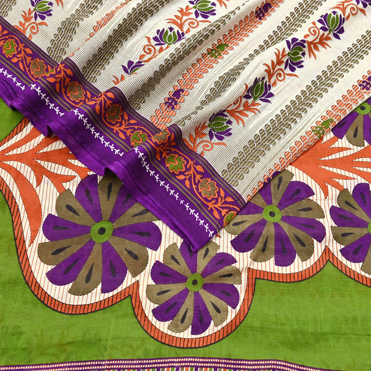 Indian Vintage Sari Ivory & Green Printed 100% Pure Cotton Sarees Craft Fabric 5Yd Sewing Sarong Wrap Boho Floral Dress Making Crafting Soft