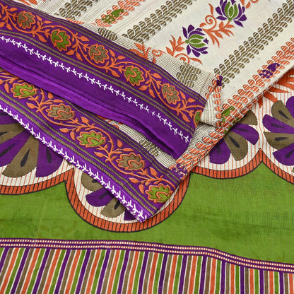 Indian Vintage Sari Ivory & Green Printed 100% Pure Cotton Sarees Craft Fabric 5Yd Sewing Sarong Wrap Boho Floral Dress Making Crafting Soft