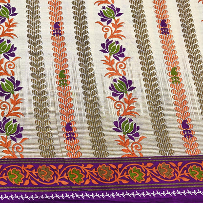 Indian Vintage Sari Ivory & Green Printed 100% Pure Cotton Sarees Craft Fabric 5Yd Sewing Sarong Wrap Boho Floral Dress Making Crafting Soft