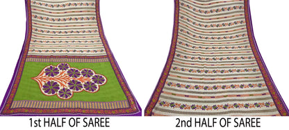 Indian Vintage Sari Ivory & Green Printed 100% Pure Cotton Sarees Craft Fabric 5Yd Sewing Sarong Wrap Boho Floral Dress Making Crafting Soft