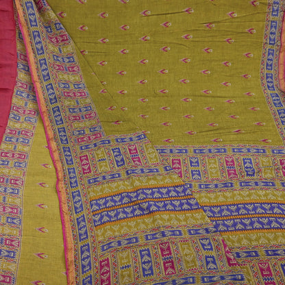 Indian Vintage Sari Green Printed Pure Cotton Sarees Craft Fabric Soft 5Yd Sewing Sarong Wrap Boho Floral Dress making Quilting Zari Border