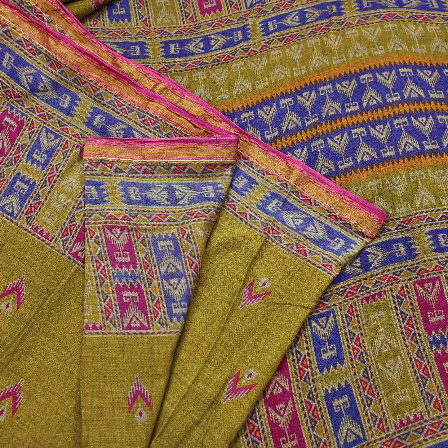 Indian Vintage Sari Green Printed Pure Cotton Sarees Craft Fabric Soft 5Yd Sewing Sarong Wrap Boho Floral Dress making Quilting Zari Border