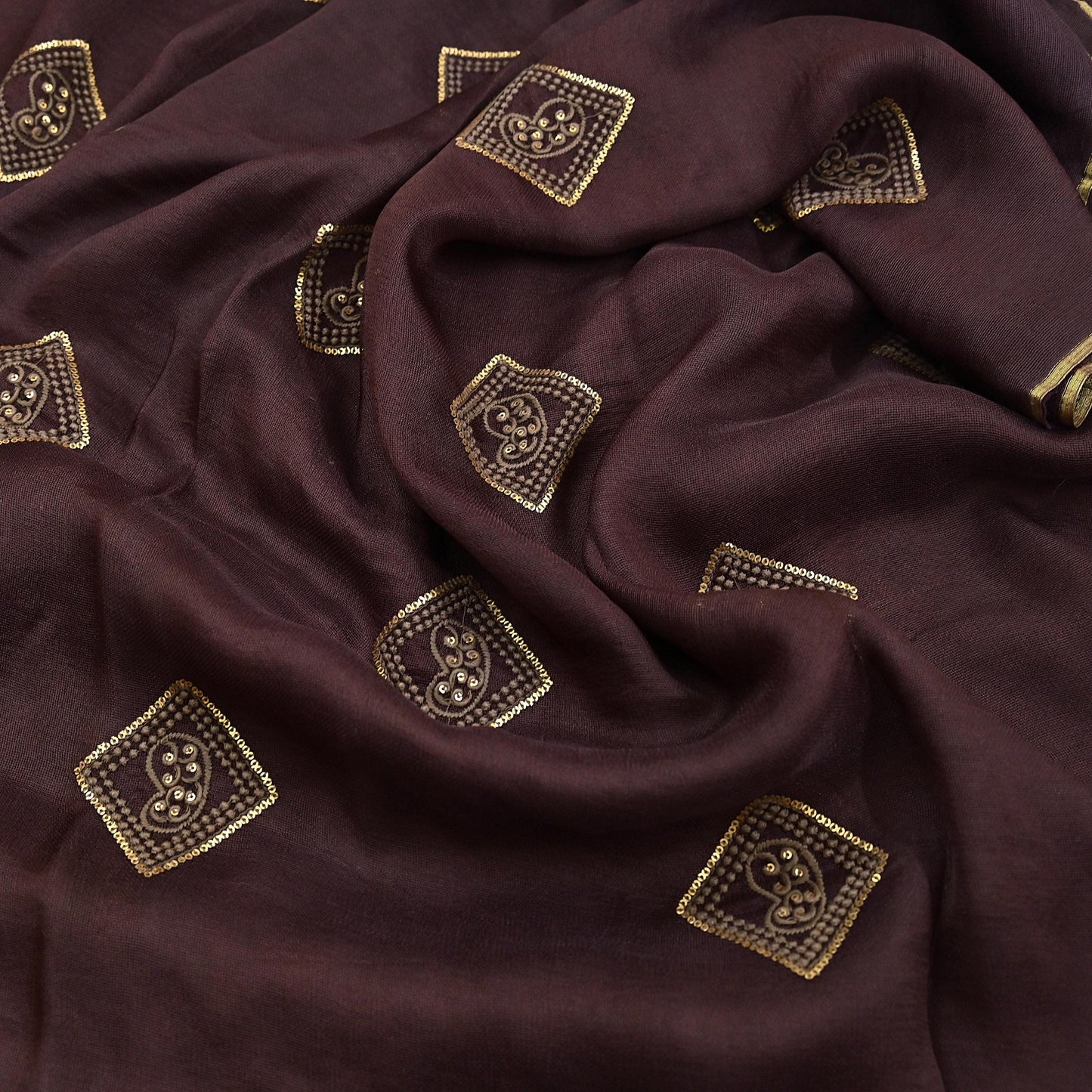 Indian Vintage Brown Saree Embroidered Cotton Blend Sari 6Yard Craft Fabric for Dressmaking, Quilting & Upcycling