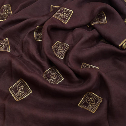 Indian Vintage Brown Saree Embroidered Cotton Blend Sari 6Yard Craft Fabric for Dressmaking, Quilting & Upcycling