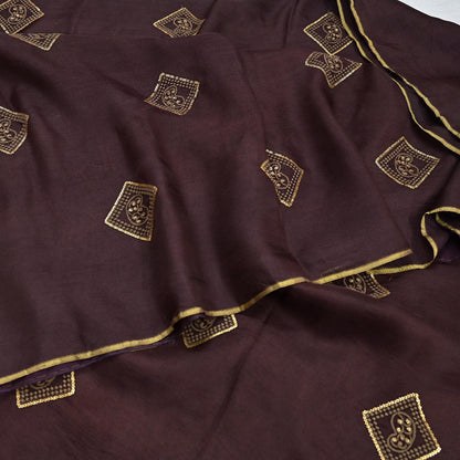 Indian Vintage Brown Saree Embroidered Cotton Blend Sari 6Yard Craft Fabric for Dressmaking, Quilting & Upcycling
