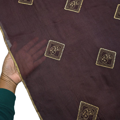 Indian Vintage Brown Saree Embroidered Cotton Blend Sari 6Yard Craft Fabric for Dressmaking, Quilting & Upcycling